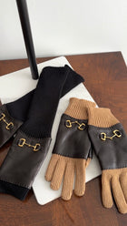 Gucci Black Leather Knit Combo Long Fingerless Horsebit Gloves - L