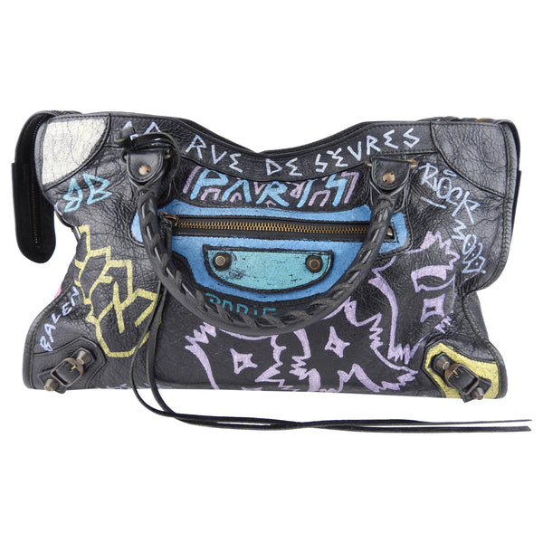 Balenciaga Black Graffiti Print Leather Moto Classic Two Way City