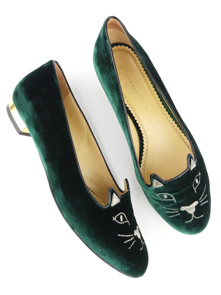 Charlotte Olympia Green Velvet Embroidered Kitty Flats - 38.5