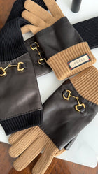 Gucci Black Leather Knit Combo Long Fingerless Horsebit Gloves - L