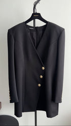 Balmain Black Wool Cache-Coeur Blazer Dress with Gold Buttons - USA 12
