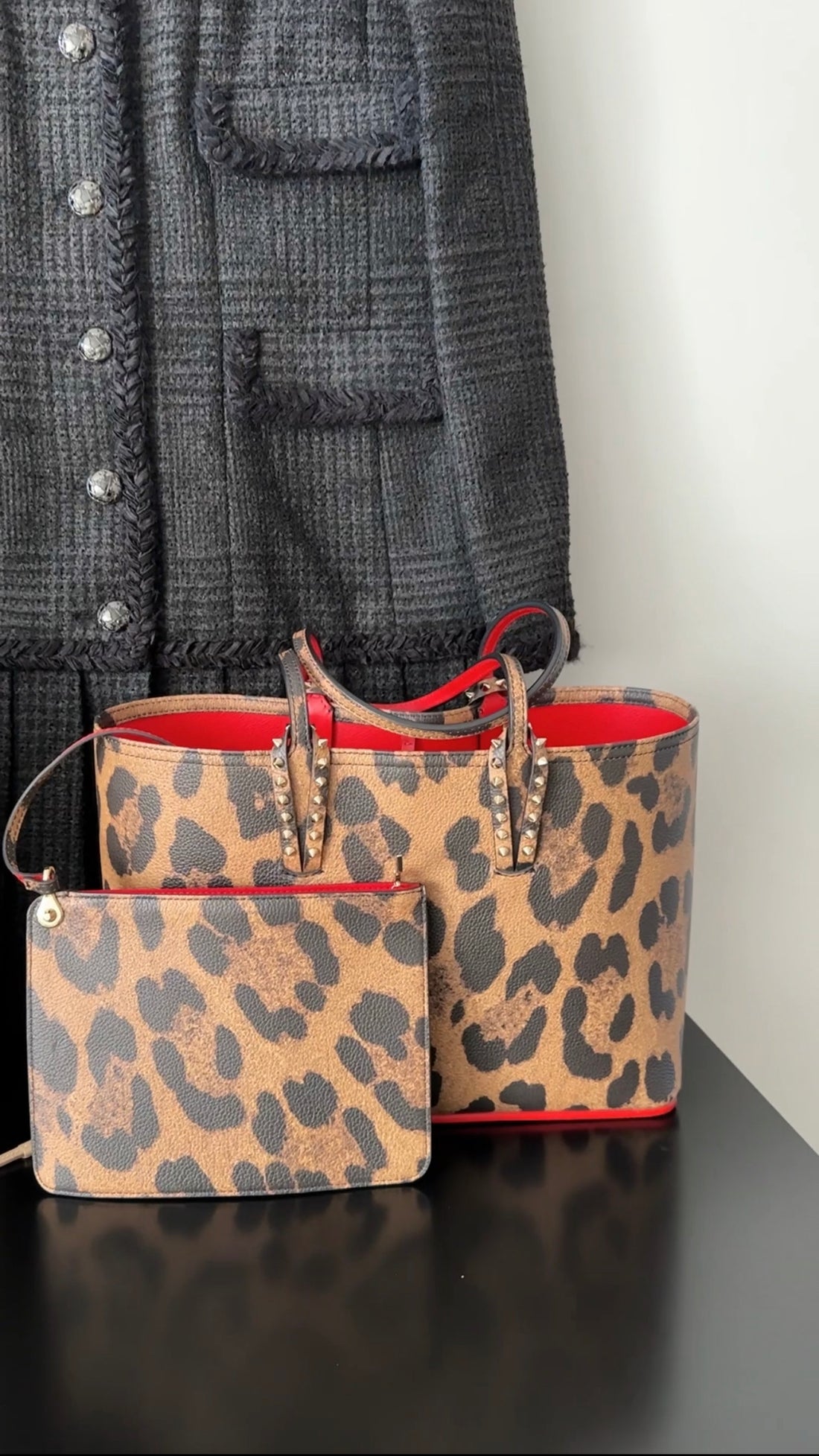 Louboutin Small Cabata Leopard and Red Lined Tote Bag