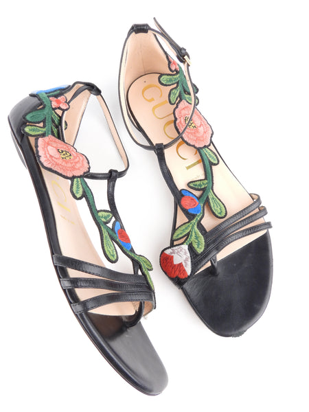 Gucci Black Leather and Floral Embroidered Ophelia Flat Sandals 