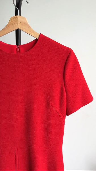 fitted lace wedding dress Christian Dior Red Wool Short Sleeve Dress