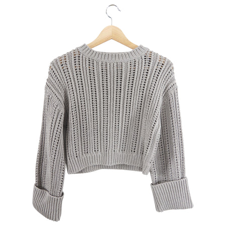 Brunello Cucinelli Grey Crop Knit Sweater with Cuffed Sleeves - S