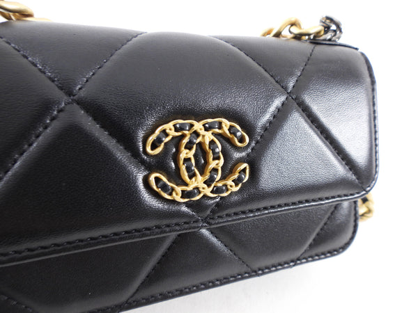 Chanel 19 Black Leather Lambskin Quilted Flap Phone Holder – I