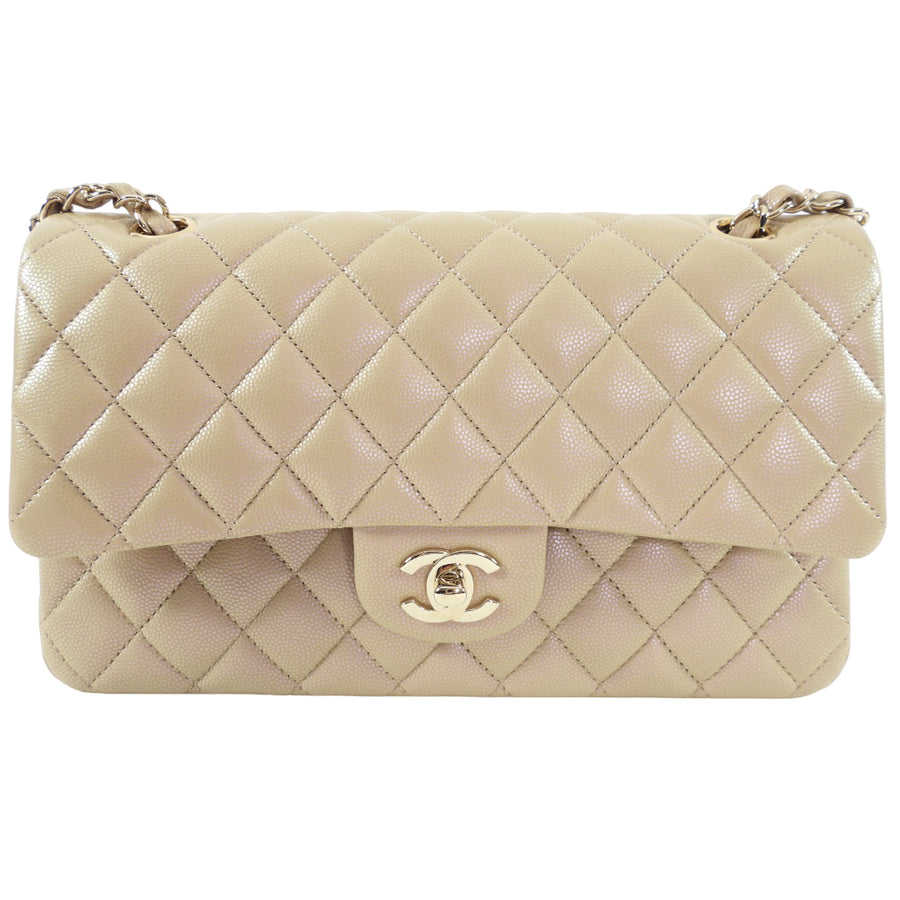 Chanel 21S Beige Iridescent Classic Medium Double Flap Caviar GHW
