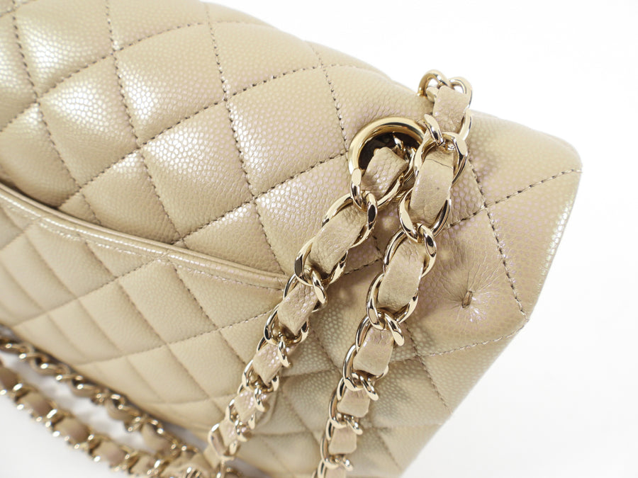 Chanel 21S Beige Iridescent Classic Medium Double Flap Caviar GHW