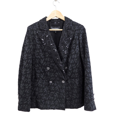 Chanel 21B Black Eyelet and Sequin CC Blazer Jacket - FR36 / 4 / S