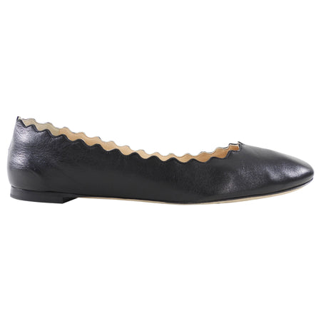Chloe Black Leather Scalloped Lauren Flat Shoes - 38.5