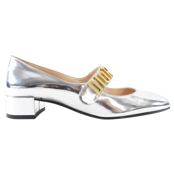 Christian Dior Silver Metallic Baby D Block Heel Mary Jane Shoes