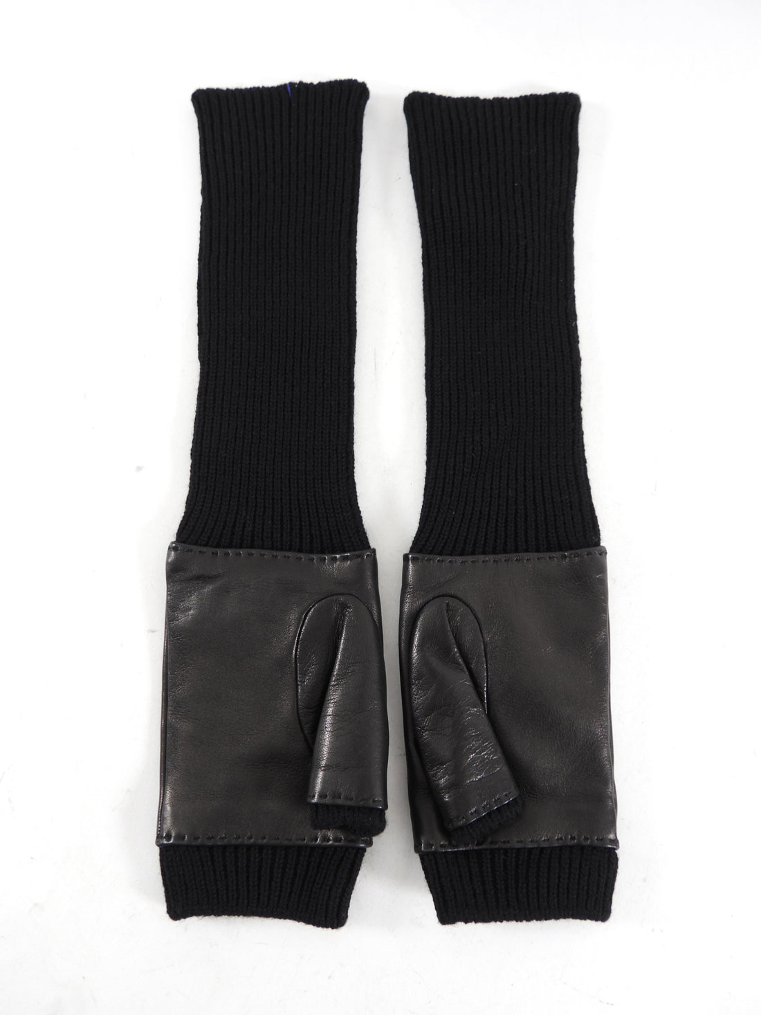 Gucci Black Leather Knit Combo Long Fingerless Horsebit Gloves - L