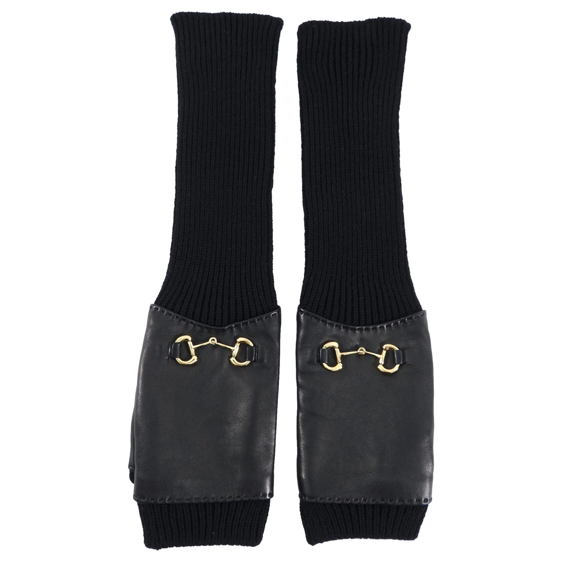 Gucci Black Leather Knit Combo Long Fingerless Horsebit Gloves - L