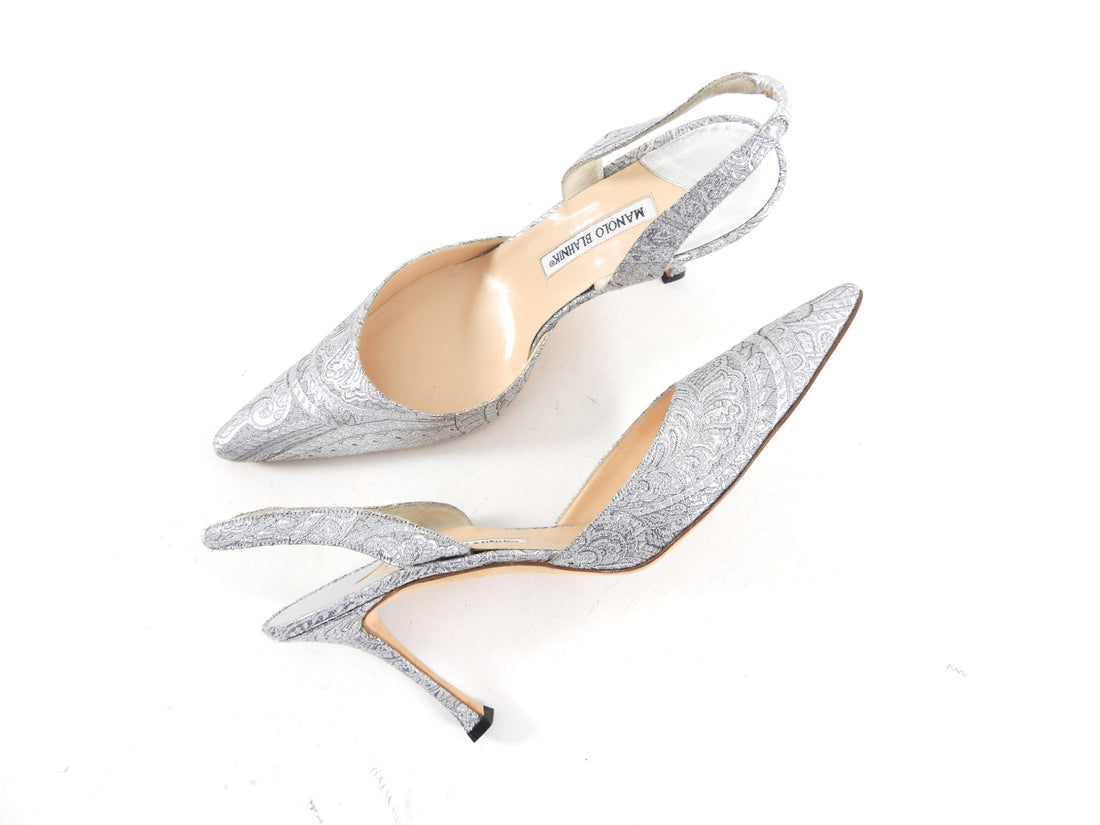 Manolo Blahnik Silver Brocade Slingback Heels - 41 / 40