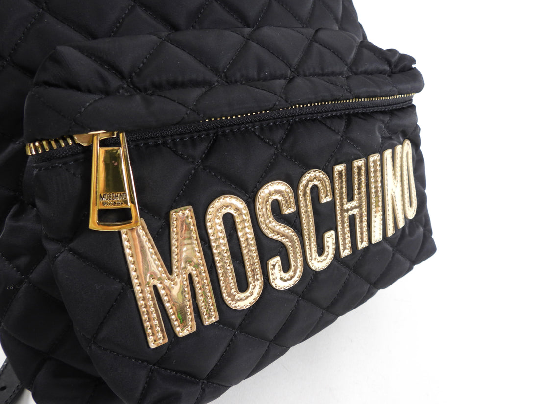 Moschino Black Nylon and Gold Vinyl Logo Zip Backpack