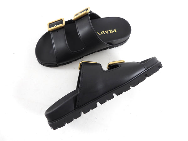 Prada Double Buckle Black Leather Flat Slide Sandals - 36.5 (fits