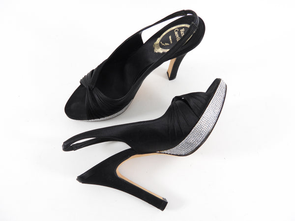 Rene Caovilla Black Silk Satin Strass Crystal Slingback Heels - 37 / 37.5