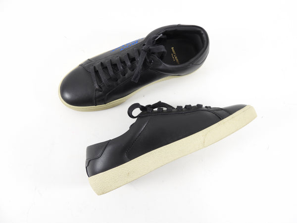 Saint Laurent Black Leather Sneakers with Blue Embroidered Logo - 39 / 8.5