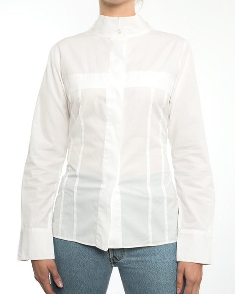 CHANEL White Cotton BUTTON DOWN SHIRT w/ Patch Pockets SIZE 34 For