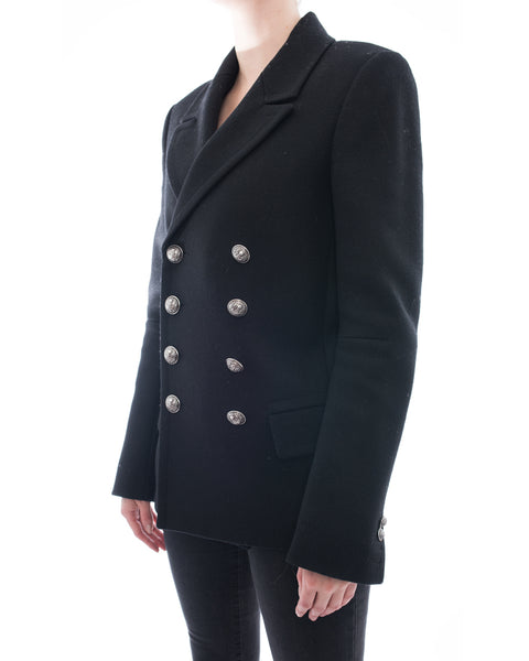 Balmain Black Wool Pea Coat with Silver Buttons – S – I MISS YOU