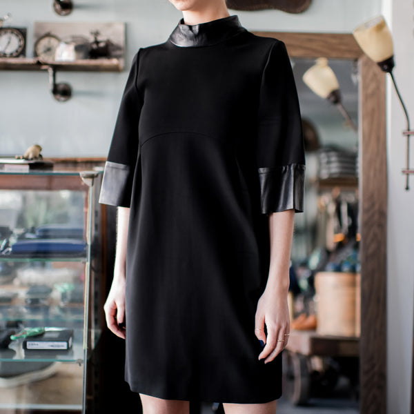 chinese dress ladies Gucci Black Stretch Crepe Dress with Leather Cuffs and Collar – I MISS YOU  VINTAGE
