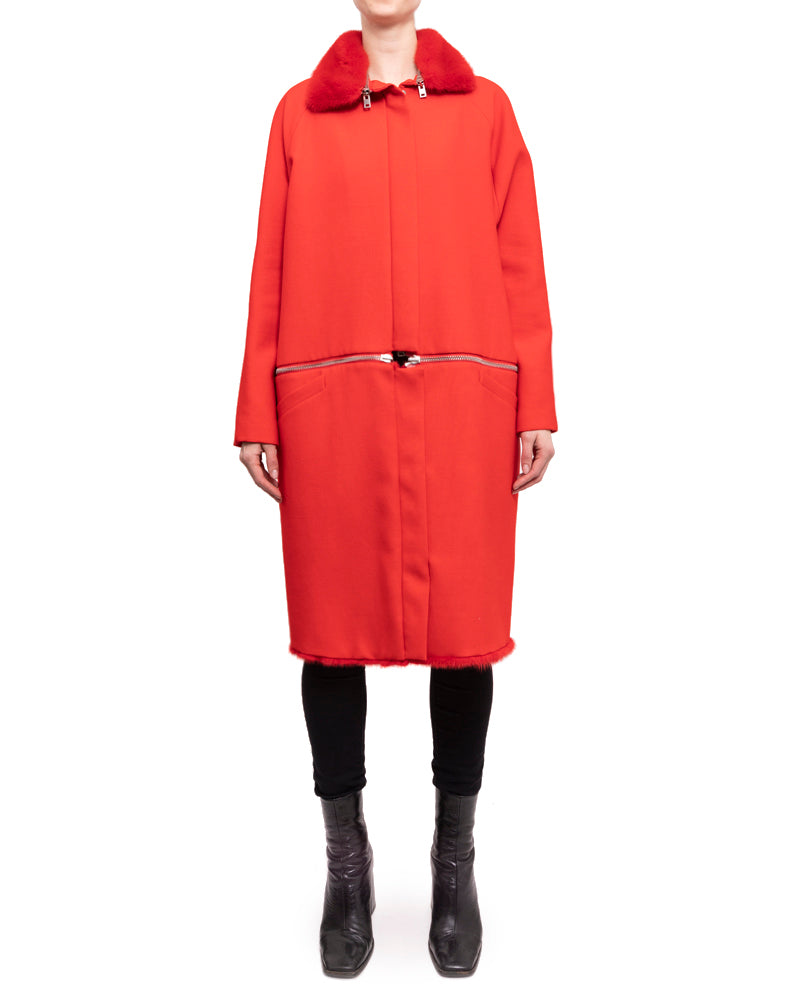 Giambattista Valli Fall 2013 Red Wool Zipper Coat with Mink Fur Trim - S