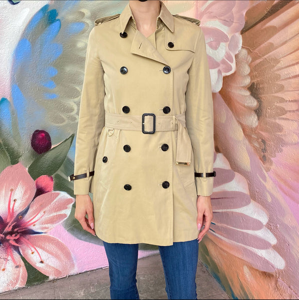 Burberry Short Trench Coat with Leather Detail at Cuffs - USA 2