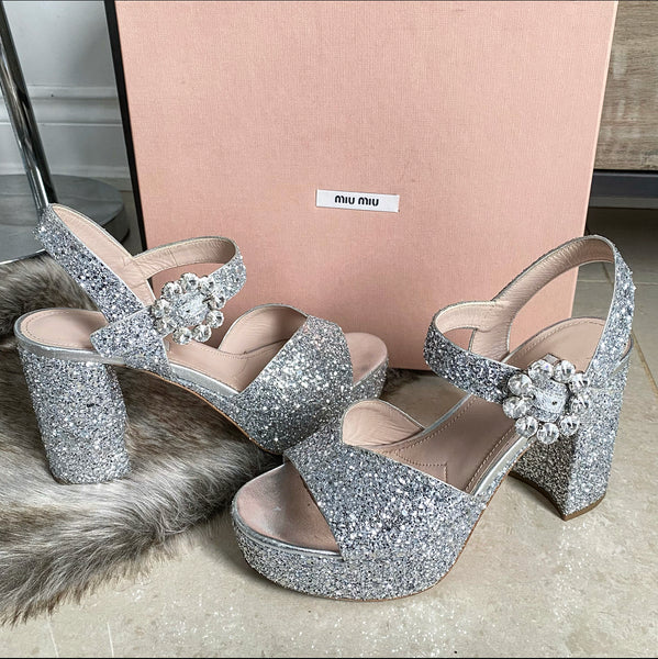 Miu Miu Silver Glitter Sparkle Chunky Heel Sandals - 37 / 6.5