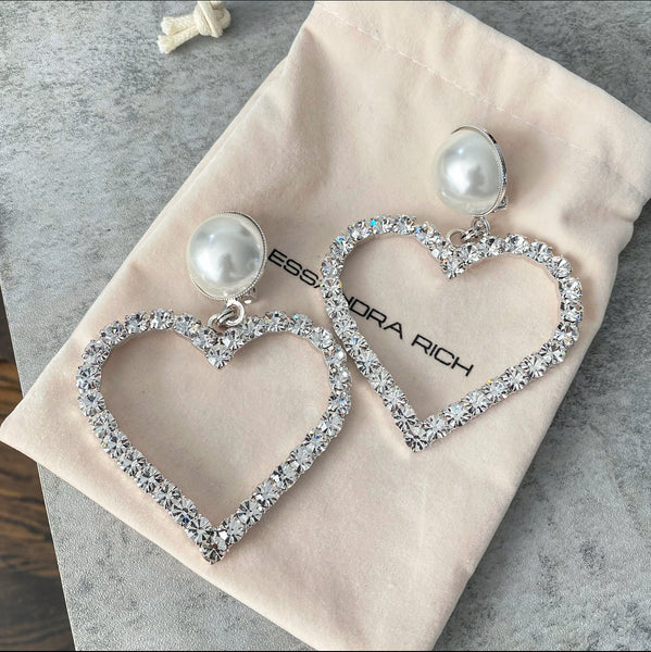 Alessandra Rich Crystal Pearl Statement Heart Earrings I MISS