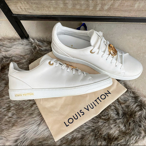 Louis Vuitton White Low Top Sneakers with Gold Logo - 8.5 – I MISS