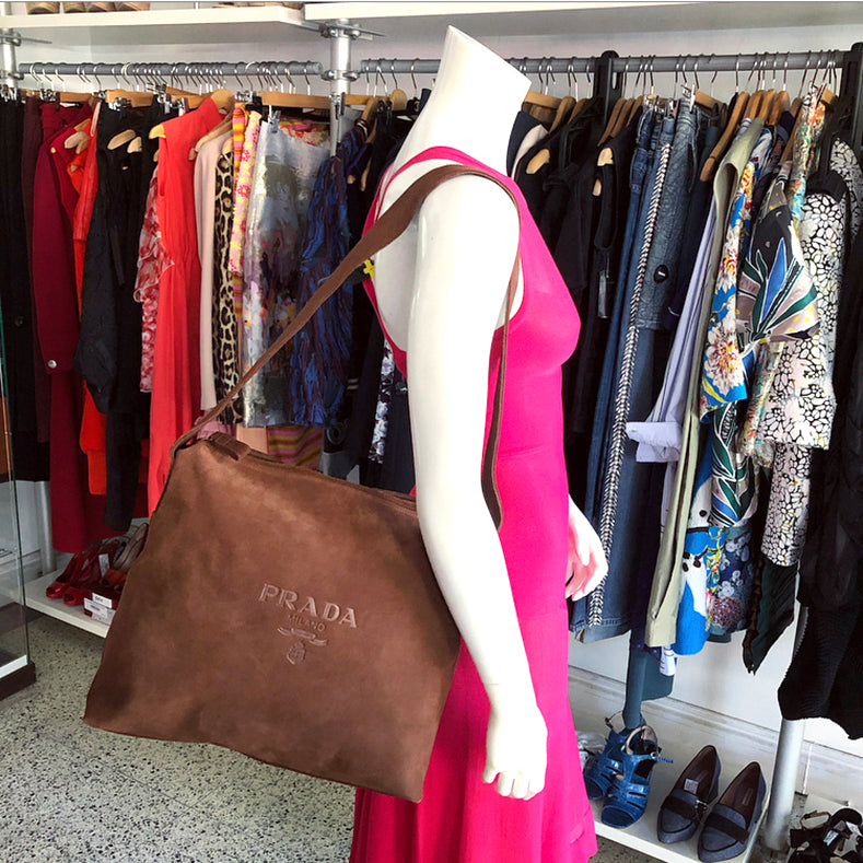 Prada Brown Suede Logo Shoulder Shopper Bag