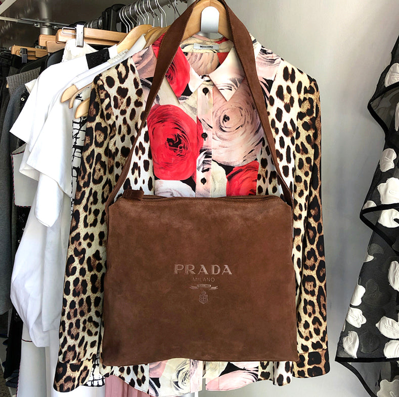Prada Brown Suede Logo Shoulder Shopper Bag