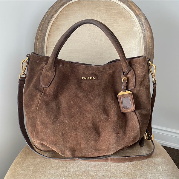 Prada Brown Suede Large Scamosciato Shoulder Tote Bag