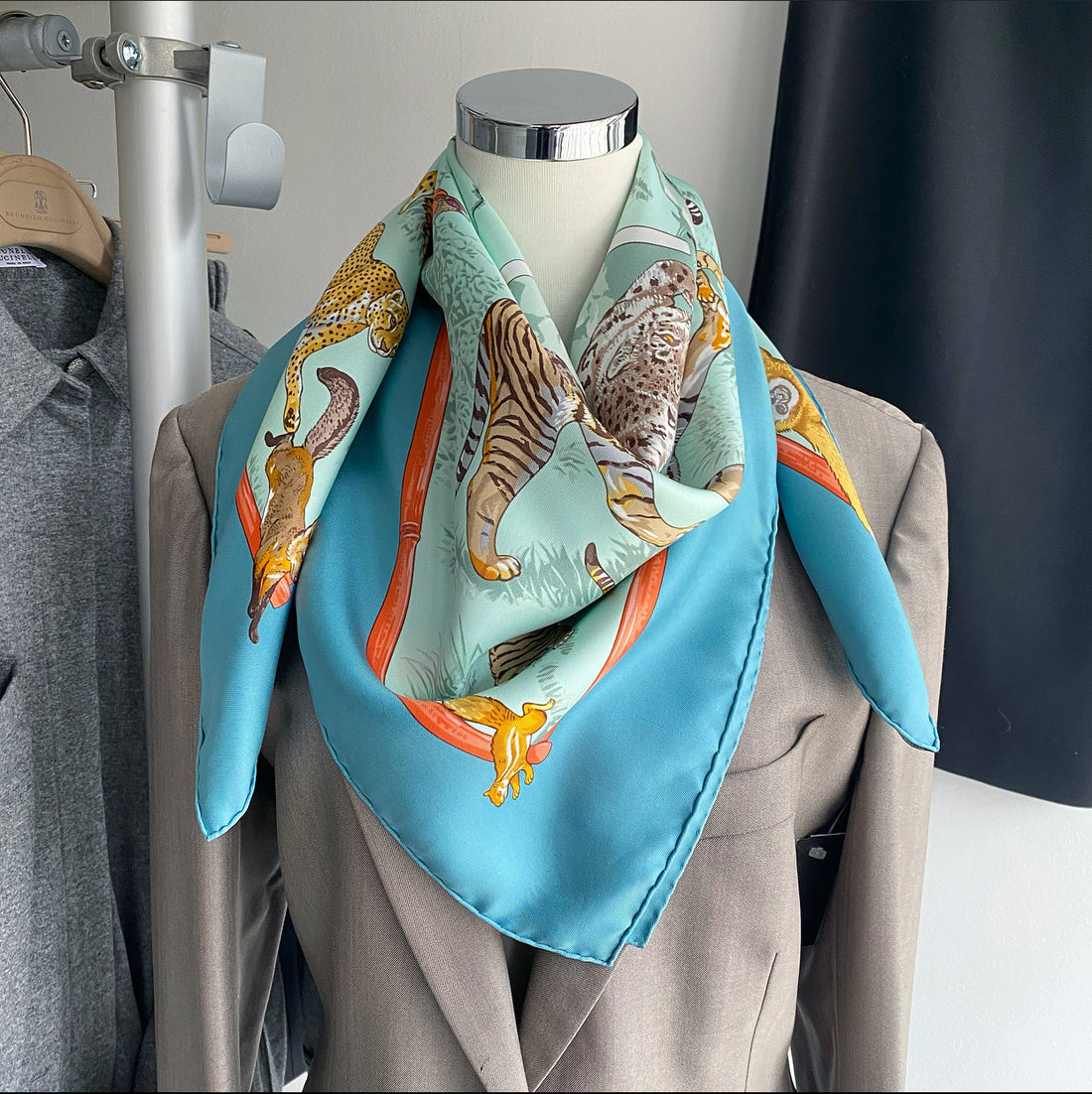 Hermes Tendresse Feline Blue Jungle Cat Silk Scarf 90cm