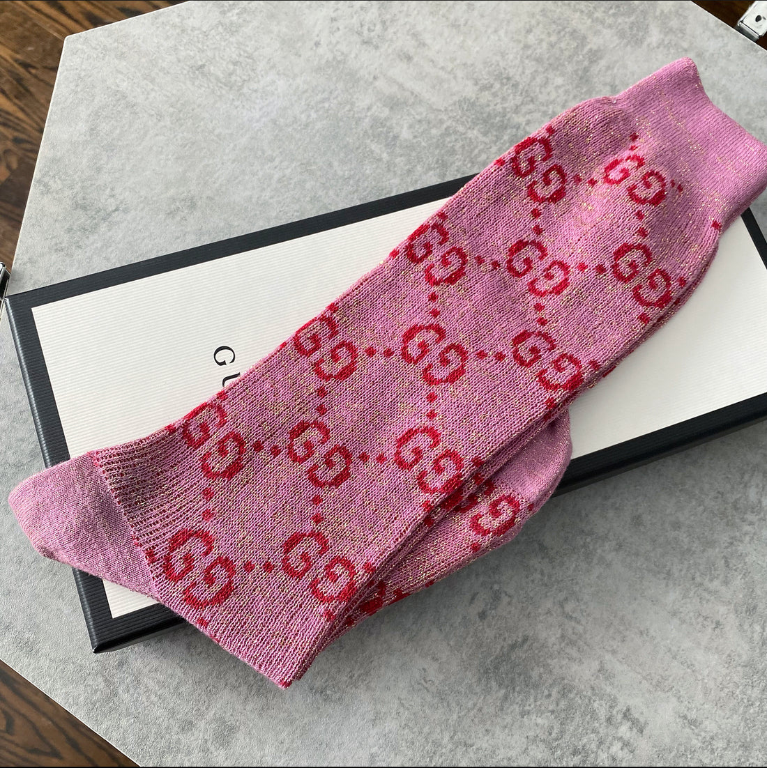 Gucci Pink and Red Long GG Logo Sparkle Socks