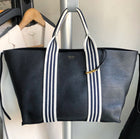 Celine Black Pebbled Leather Tote with Canvas Striped Straps