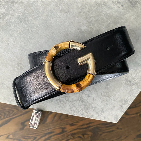 Gucci Bamboo G Logo Black Leather Belt - 85/34