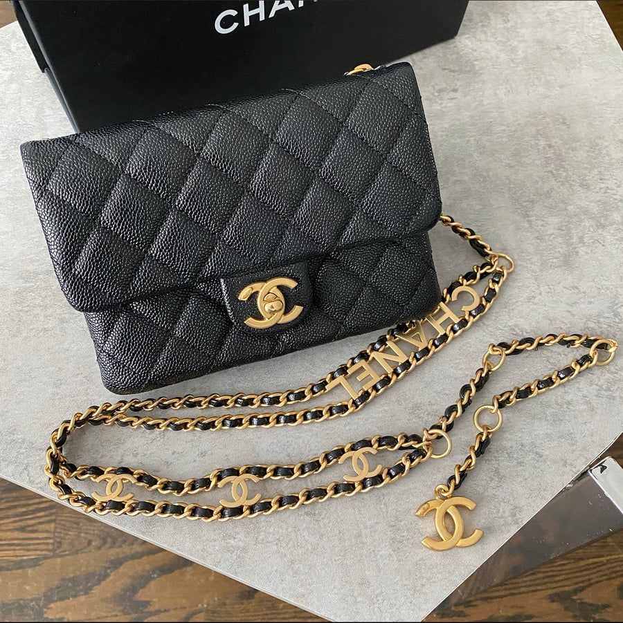 Chanel 22S Black Caviar Gold Logo Chain Belt Bag