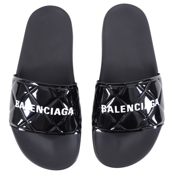 Balenciaga Black Patent Logo Quilt Pool Slide Sandals 37.5 7