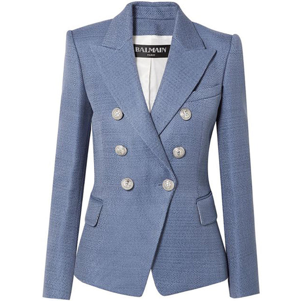 Balmain Cornflower Blue Tweed Blazer with Silver Lion Buttons 12