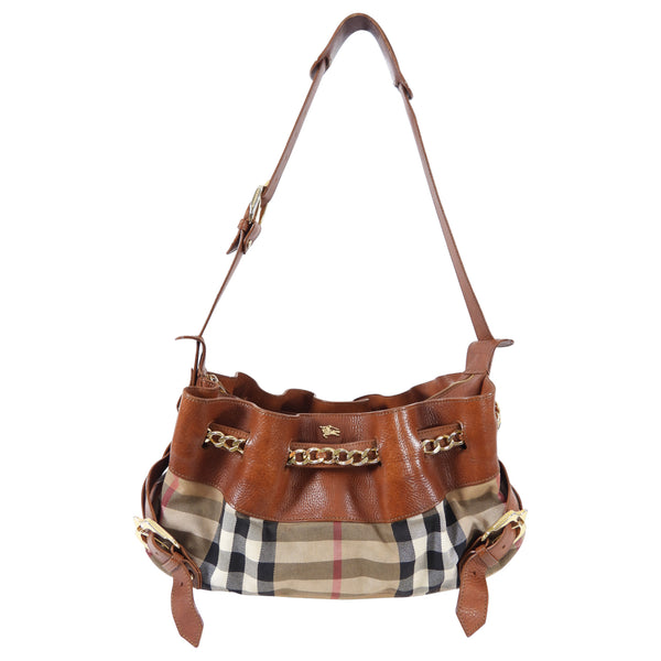 Burberry Margaret Brown Leather Classic Nova Check Large Plaid Shoulder Bag