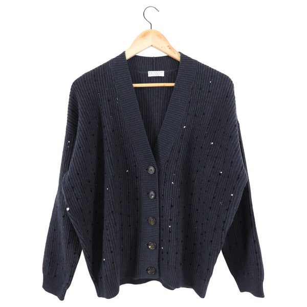 Brunello Cucinelli Charcoal Grey Wool Blend and Sequin Knit Mesh