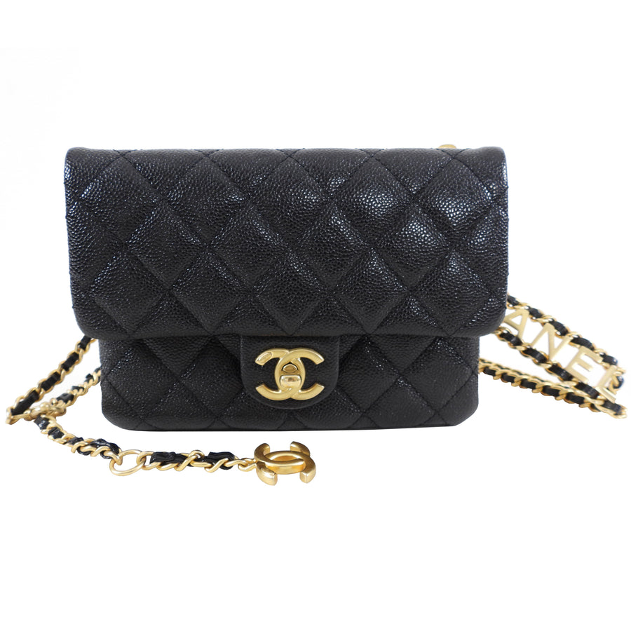 Chanel 22S Black Caviar Gold Logo Chain Belt Bag