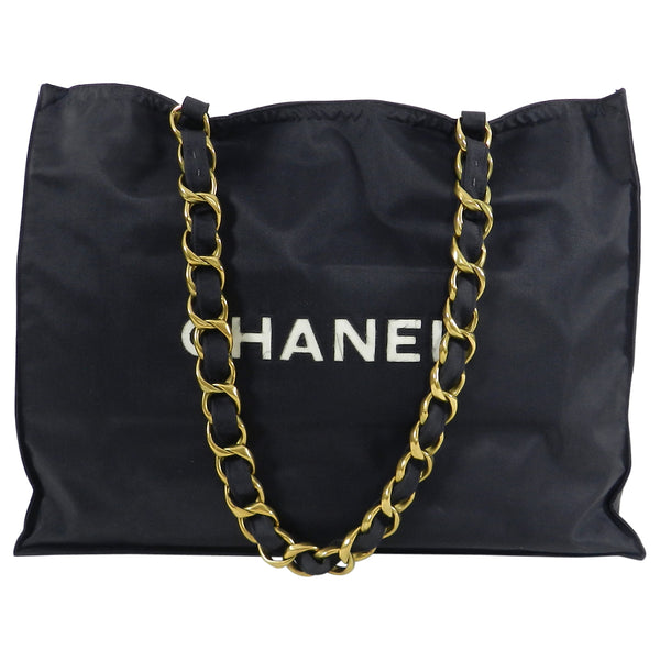 Chanel Vintage 1991 Black Nylon CC Logo Tote Bag with Gold Chain