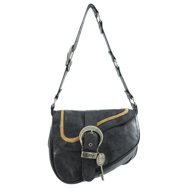 Christian Dior Black Whipstitched Gaucho Double Saddle Bag 2006 at