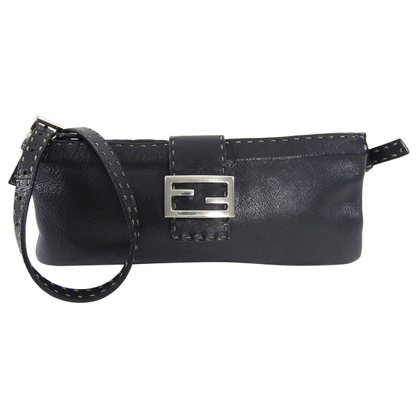 Vintage Fendi Selleria Black Leather Baguette Shoulder Bag Missing Buckle