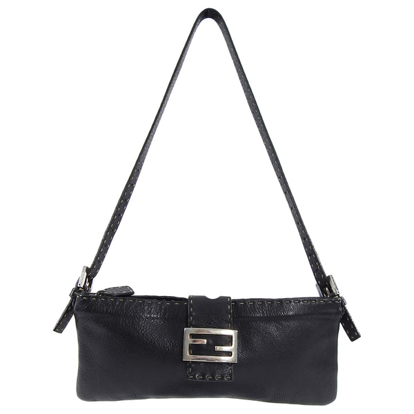 Vintage Fendi Selleria Black Leather Baguette Shoulder Bag Missing Buckle