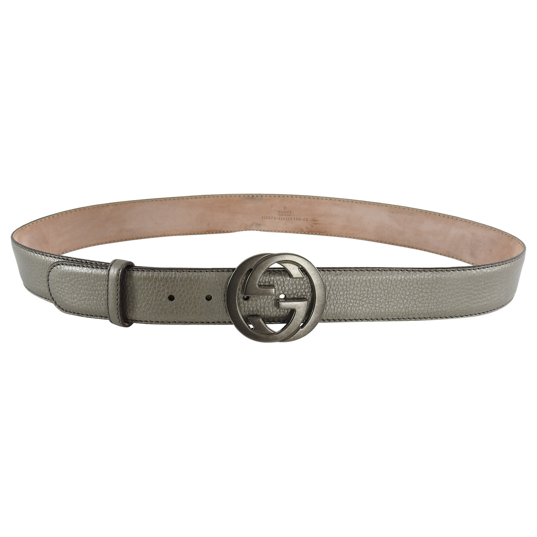 Gucci GG Logo Buckle Pewter Leather Belt - 40 / L