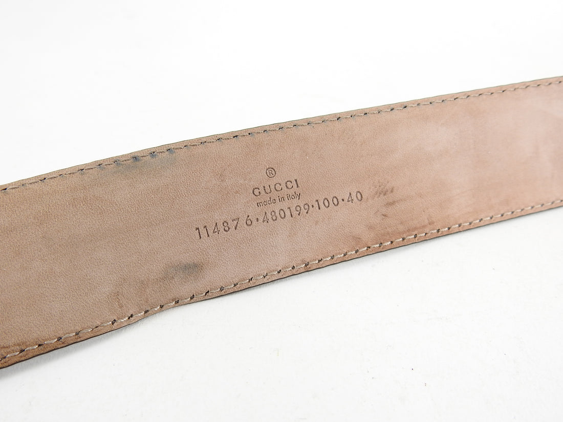 Gucci GG Logo Buckle Pewter Leather Belt - 40 / L