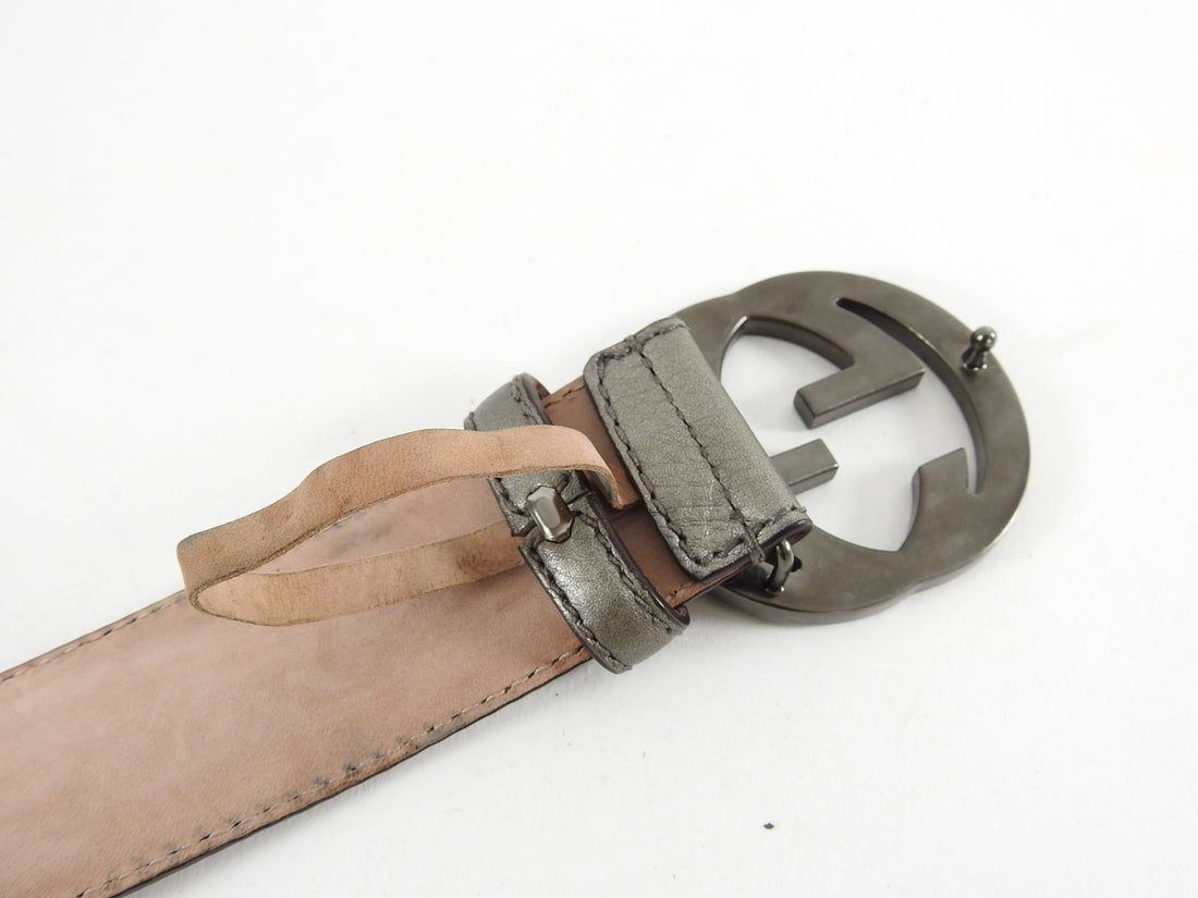 Gucci GG Logo Buckle Pewter Leather Belt - 40 / L